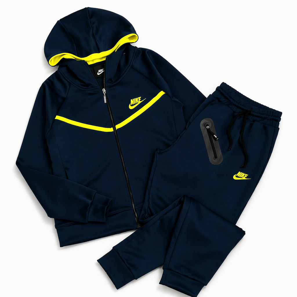 Conjunto Nike Tech Fleece Azul Marinho e Amarelo Neon
